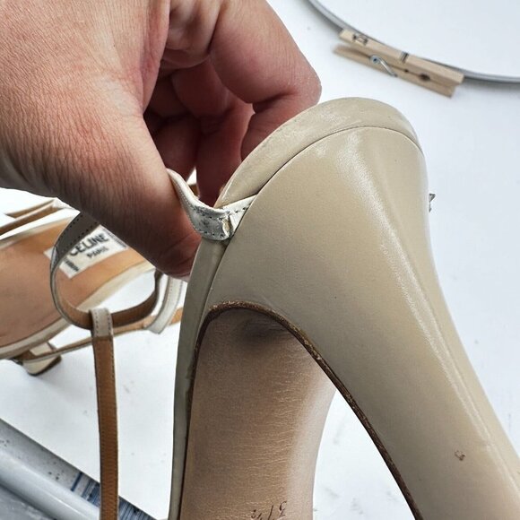 Celine Women Size EU 37.5 US 7 Cream Tan Pointed Toe T strap Heel Pump Sandal - Picture 16 of 16